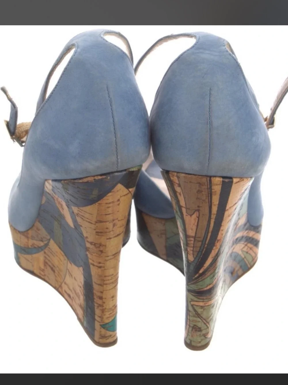 Emilio Pucci Powder Blue Ankle-Strap Cork-Print Wedge Sandals